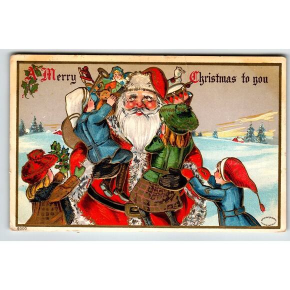 Santa Claus Christmas Postcard Holding Children Toy Doll Drum Horse Bear 1908 JB - Picture 2 of 3